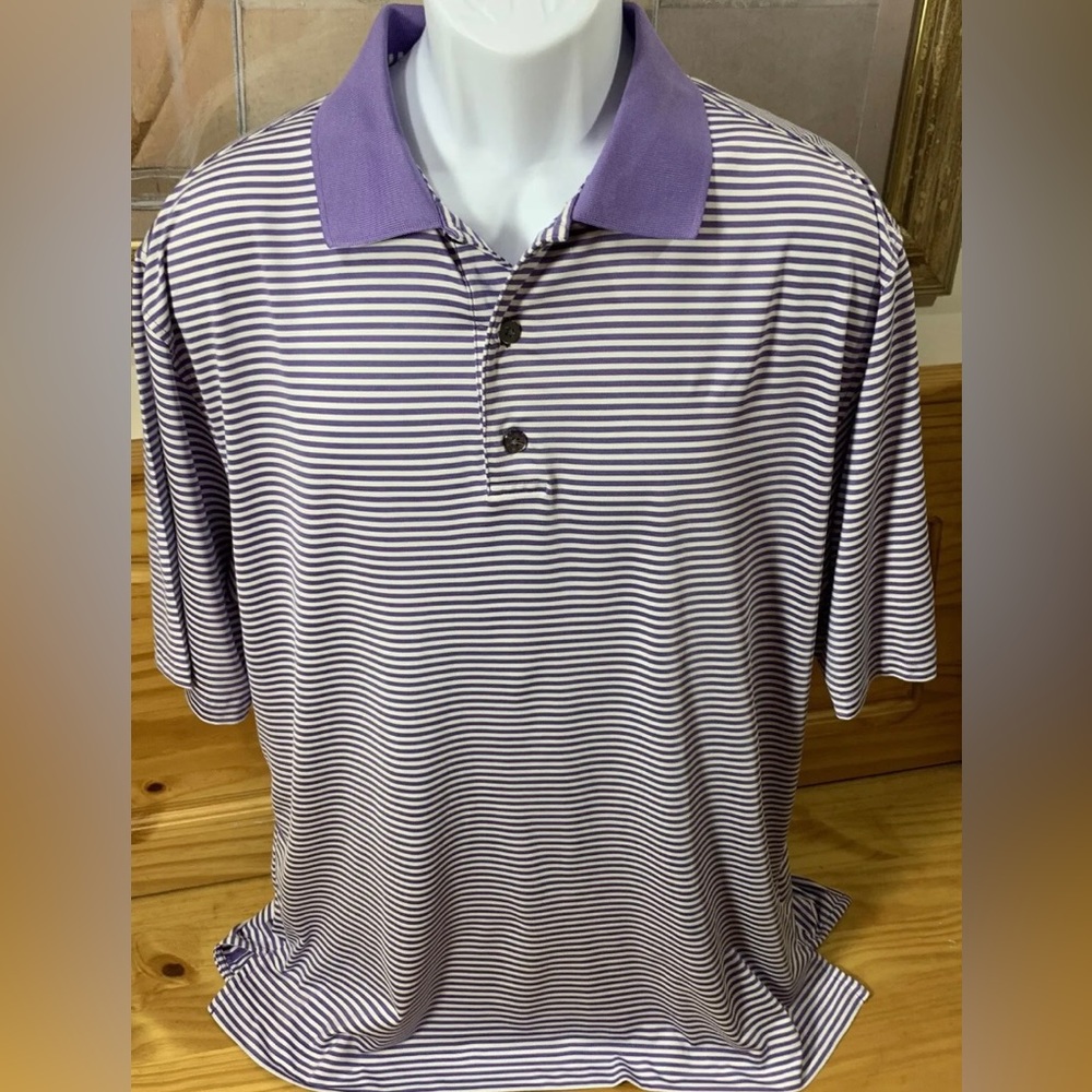 FootJoy FJ Purple White Striped Mens Large Polo Golf Shirt EUC Short Sleeve